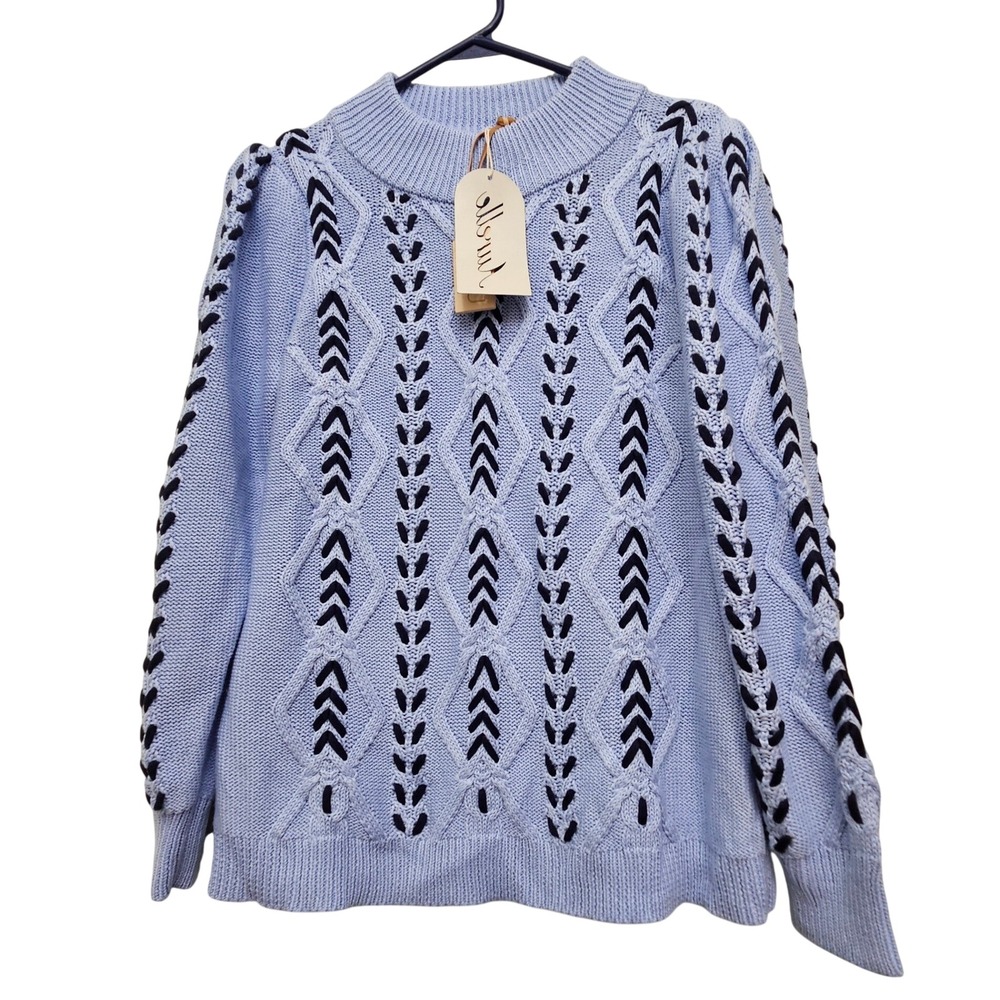 Aurelle Sweater Women XS Blue Cable Knit Contrast Stitch Mock Neck Puff Sleeve
